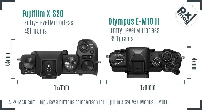 Fujifilm X-S20 vs Olympus E-M10 II top view buttons comparison