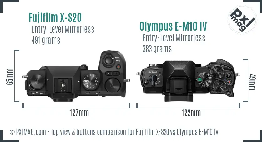 Fujifilm X-S20 vs Olympus E-M10 IV top view buttons comparison