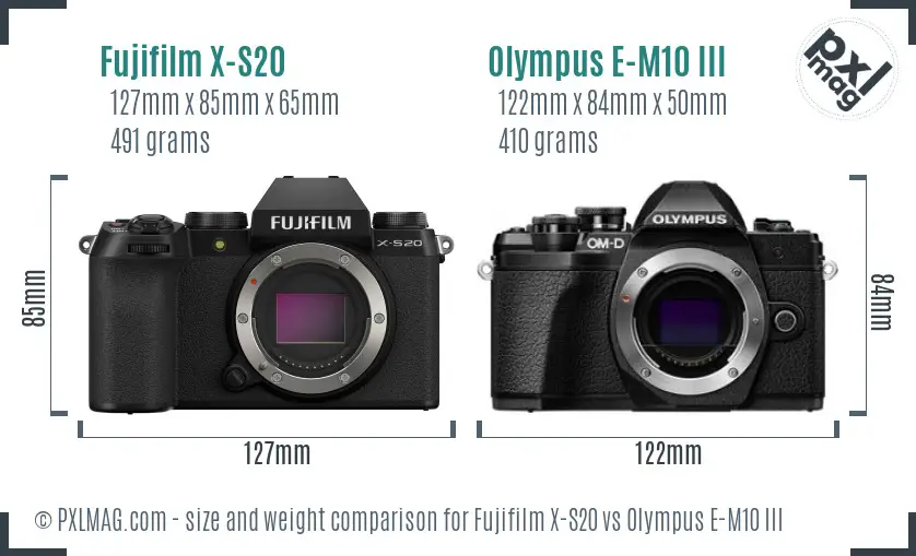 Fujifilm X-S20 vs Olympus E-M10 III size comparison