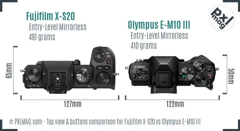Fujifilm X-S20 vs Olympus E-M10 III top view buttons comparison
