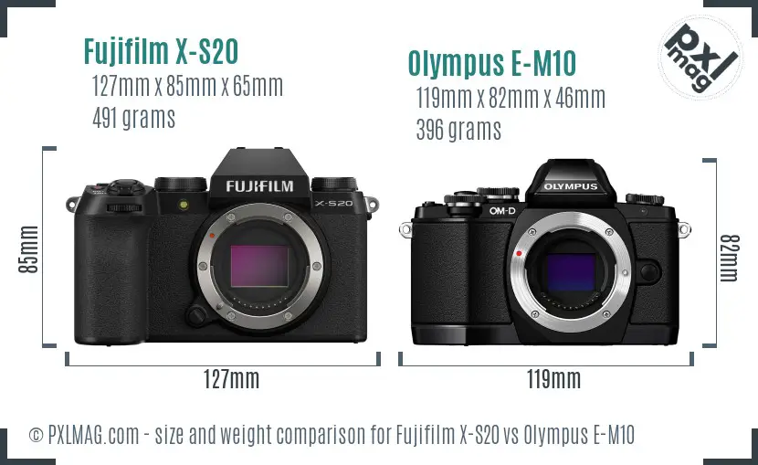 Fujifilm X-S20 vs Olympus E-M10 size comparison