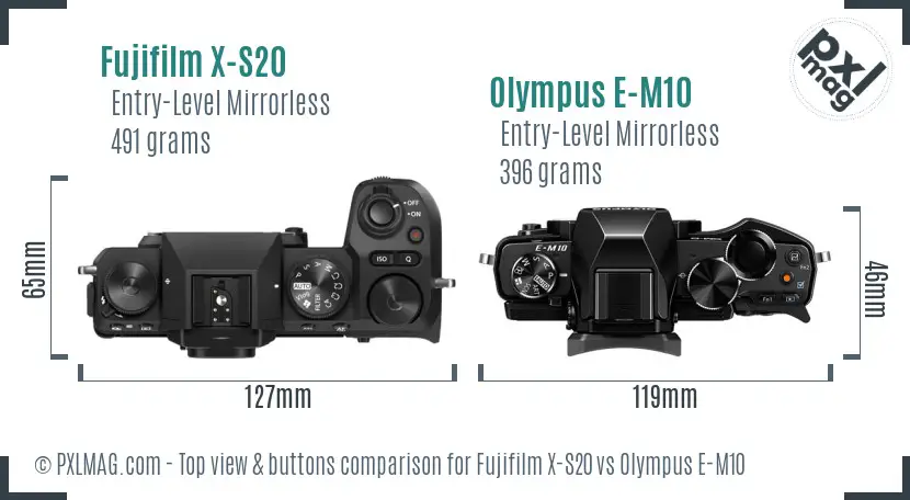 Fujifilm X-S20 vs Olympus E-M10 top view buttons comparison