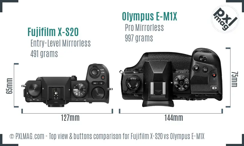 Fujifilm X-S20 vs Olympus E-M1X top view buttons comparison