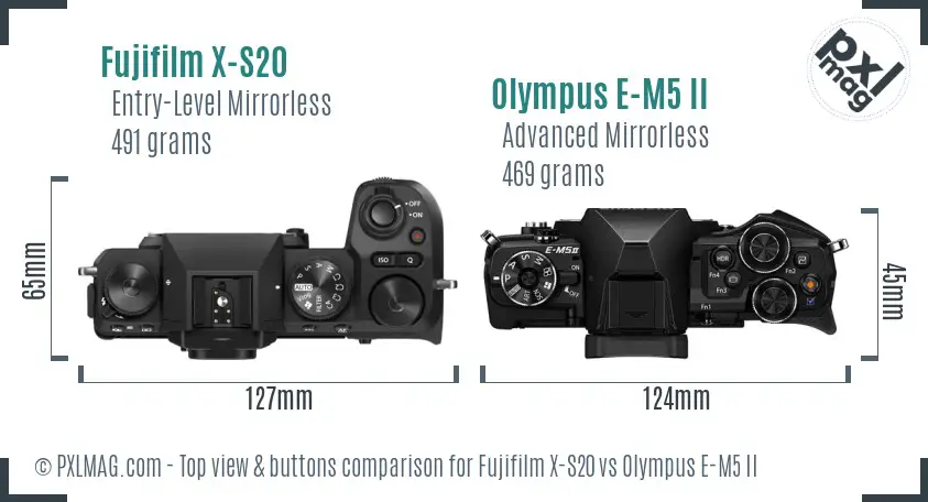 Fujifilm X-S20 vs Olympus E-M5 II top view buttons comparison