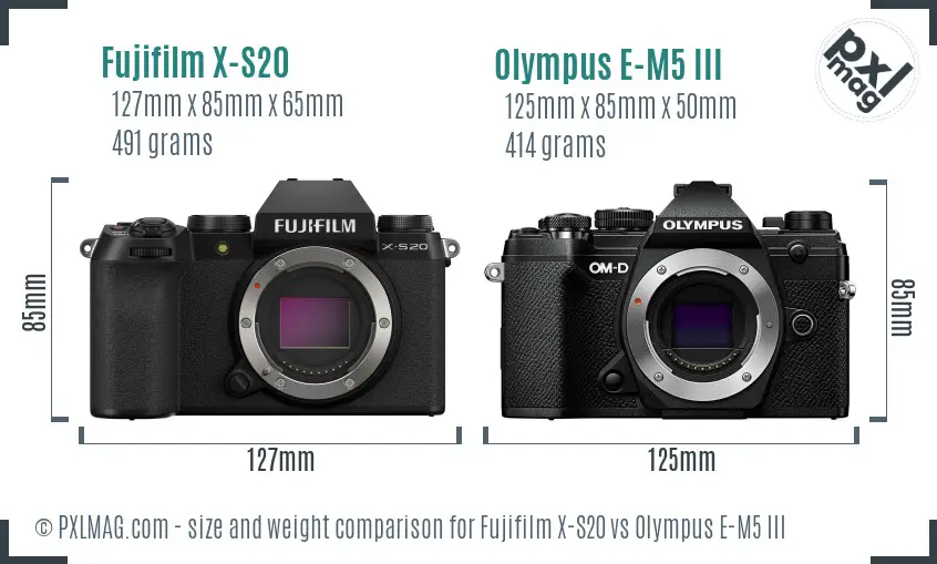 Fujifilm X-S20 vs Olympus E-M5 III size comparison