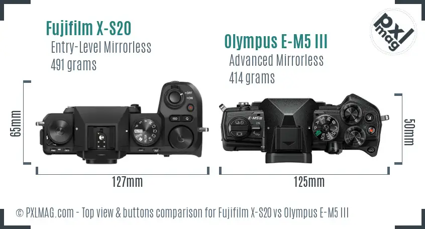 Fujifilm X-S20 vs Olympus E-M5 III top view buttons comparison