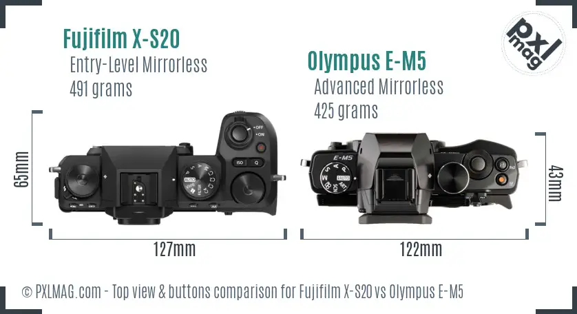 Fujifilm X-S20 vs Olympus E-M5 top view buttons comparison