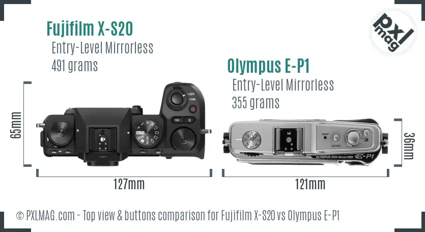 Fujifilm X-S20 vs Olympus E-P1 top view buttons comparison