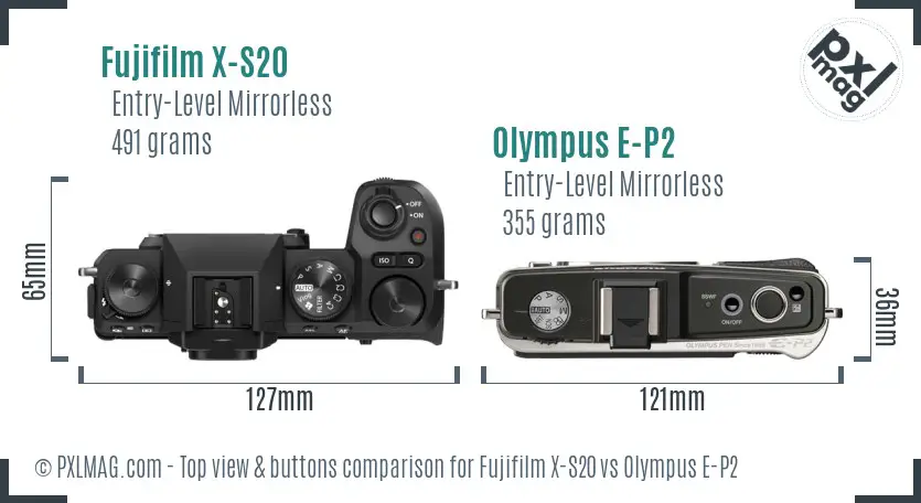Fujifilm X-S20 vs Olympus E-P2 top view buttons comparison