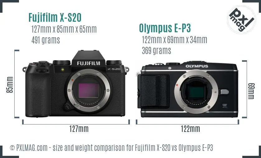 Fujifilm X-S20 vs Olympus E-P3 size comparison