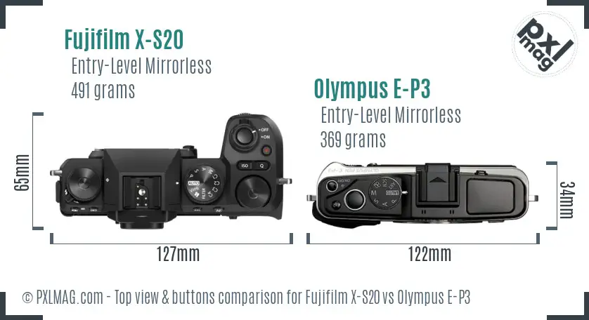 Fujifilm X-S20 vs Olympus E-P3 top view buttons comparison
