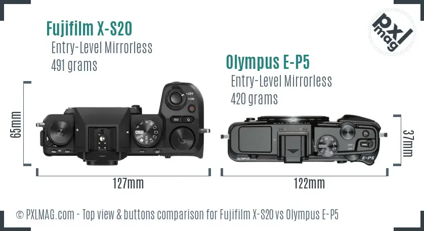 Fujifilm X-S20 vs Olympus E-P5 top view buttons comparison