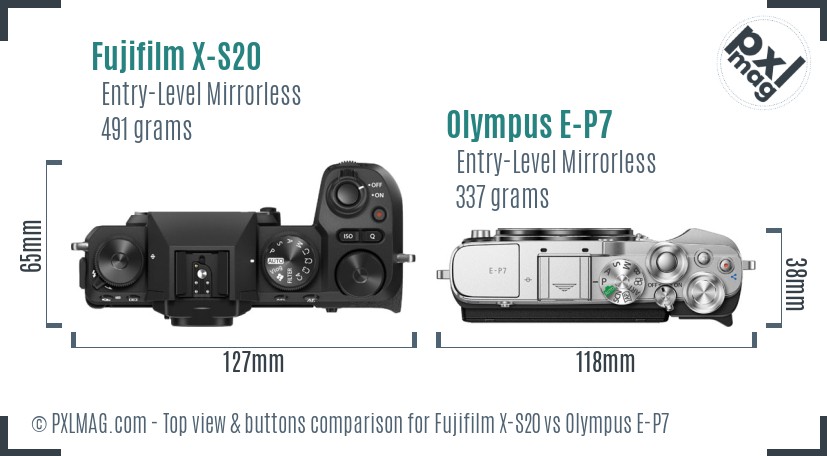 Fujifilm X-S20 vs Olympus E-P7 top view buttons comparison