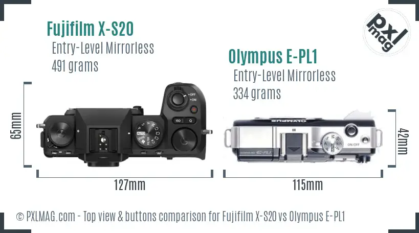 Fujifilm X-S20 vs Olympus E-PL1 top view buttons comparison