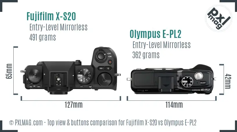 Fujifilm X-S20 vs Olympus E-PL2 top view buttons comparison