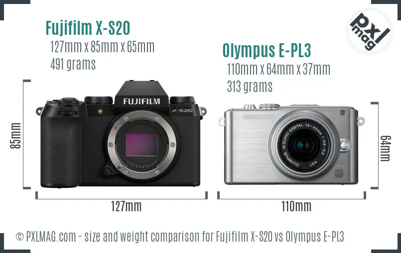 Fujifilm X-S20 vs Olympus E-PL3 size comparison