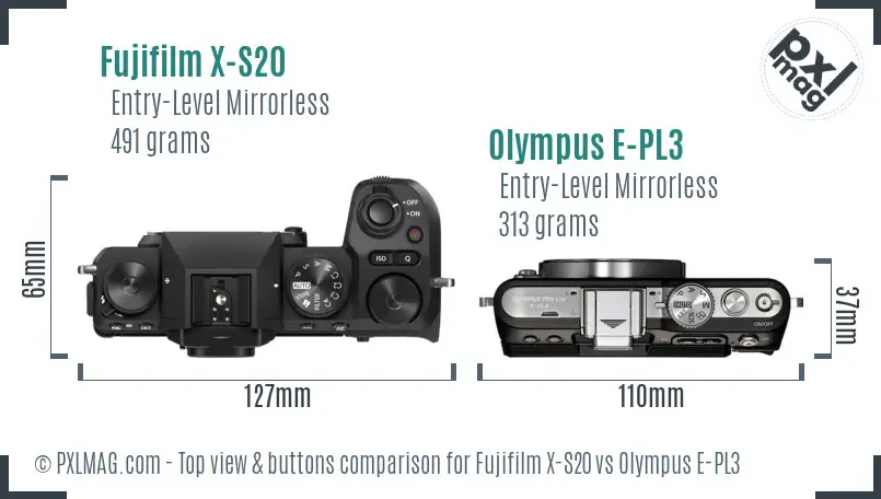 Fujifilm X-S20 vs Olympus E-PL3 top view buttons comparison