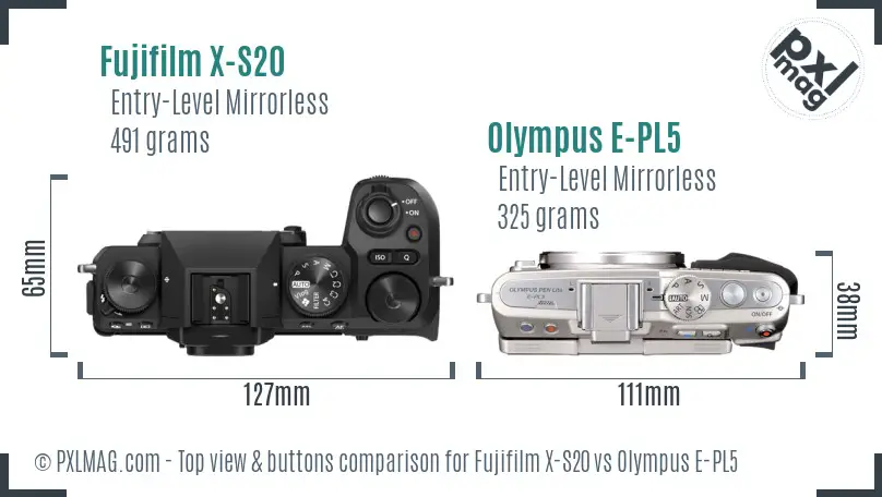 Fujifilm X-S20 vs Olympus E-PL5 top view buttons comparison