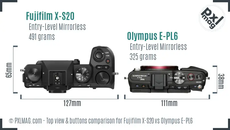 Fujifilm X-S20 vs Olympus E-PL6 top view buttons comparison