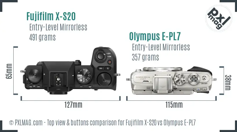Fujifilm X-S20 vs Olympus E-PL7 top view buttons comparison