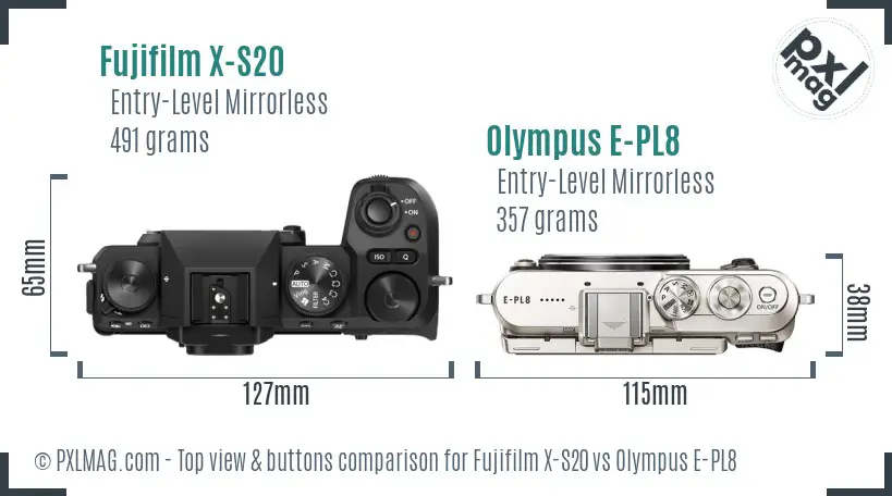 Fujifilm X-S20 vs Olympus E-PL8 top view buttons comparison
