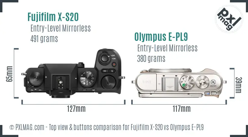 Fujifilm X-S20 vs Olympus E-PL9 top view buttons comparison