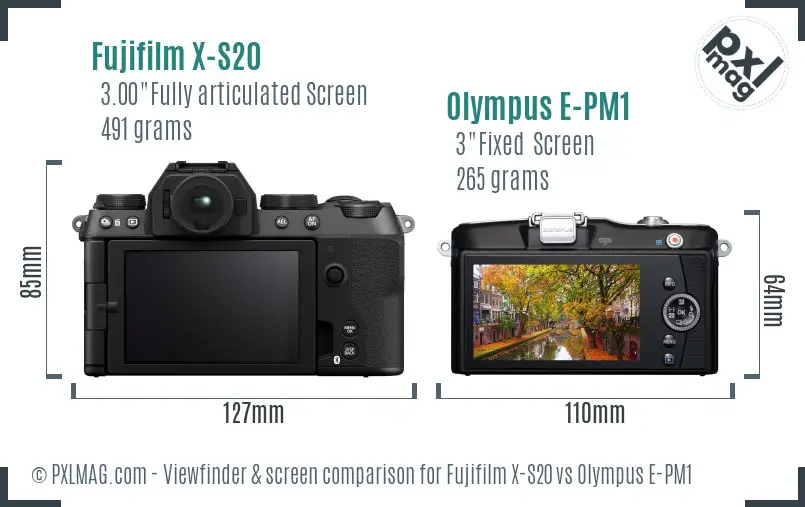 Fujifilm X-S20 vs Olympus E-PM1 Screen and Viewfinder comparison