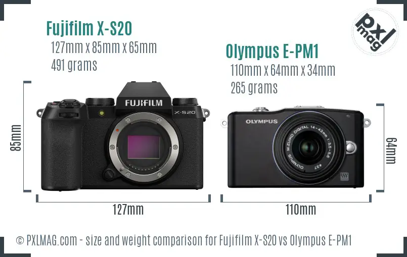Fujifilm X-S20 vs Olympus E-PM1 size comparison