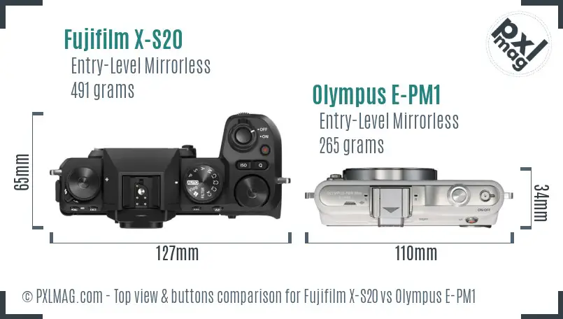 Fujifilm X-S20 vs Olympus E-PM1 top view buttons comparison