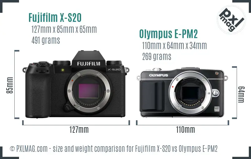 Fujifilm X-S20 vs Olympus E-PM2 size comparison