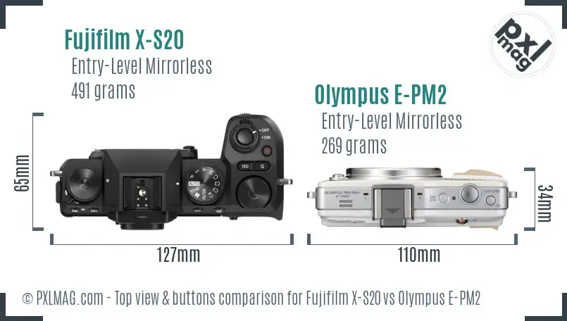 Fujifilm X-S20 vs Olympus E-PM2 top view buttons comparison