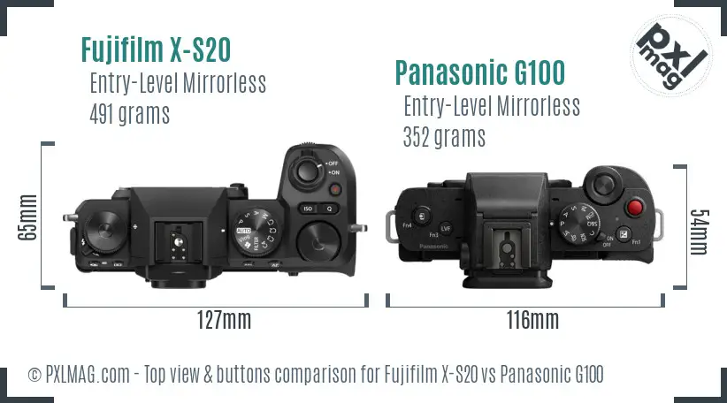 Fujifilm X-S20 vs Panasonic G100 top view buttons comparison