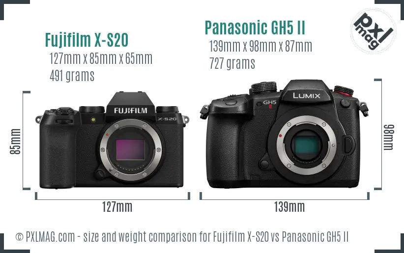 Fujifilm X-S20 vs Panasonic GH5 II size comparison
