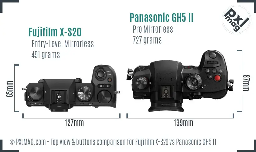 Fujifilm X-S20 vs Panasonic GH5 II top view buttons comparison