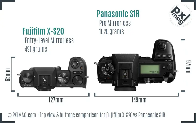 Fujifilm X-S20 vs Panasonic S1R top view buttons comparison Fujifilm X-S20 vs Panasonic S1R top view buttons comparison