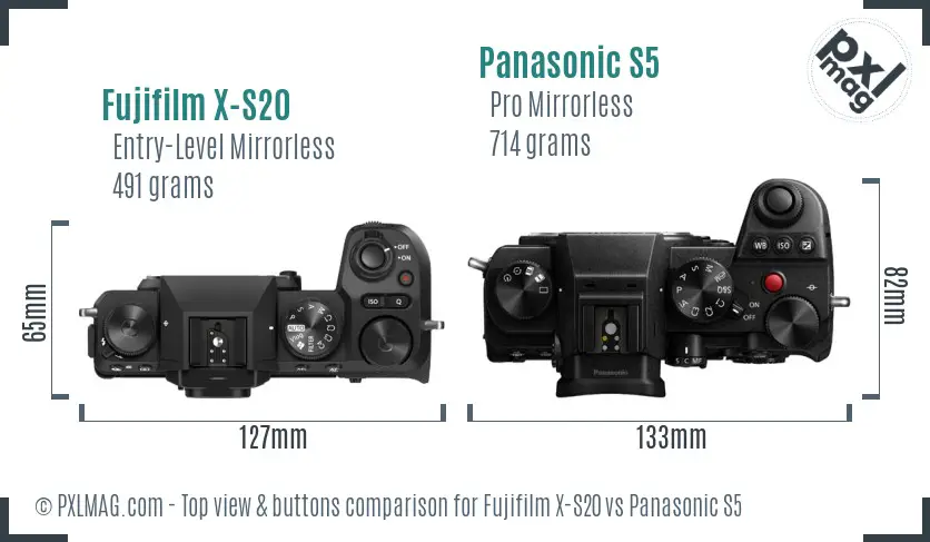 Fujifilm X-S20 vs Panasonic S5 top view buttons comparison