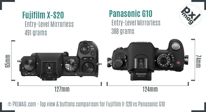 Fujifilm X-S20 vs Panasonic G10 top view buttons comparison