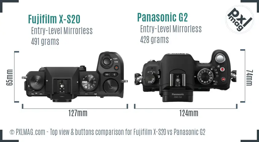 Fujifilm X-S20 vs Panasonic G2 top view buttons comparison
