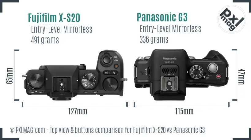 Fujifilm X-S20 vs Panasonic G3 top view buttons comparison