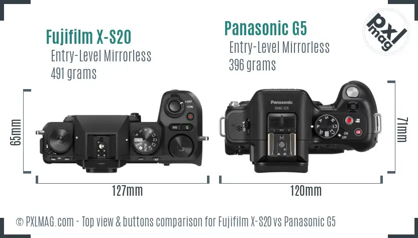 Fujifilm X-S20 vs Panasonic G5 top view buttons comparison