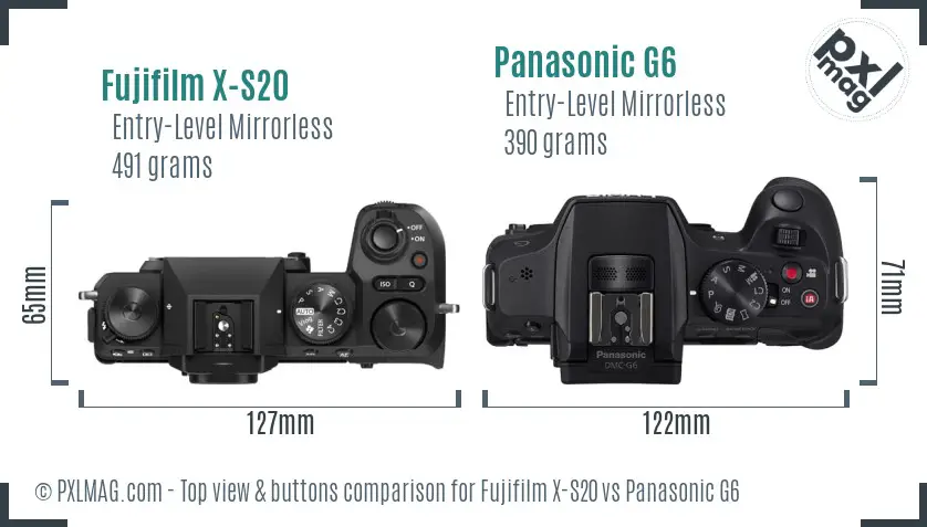Fujifilm X-S20 vs Panasonic G6 top view buttons comparison