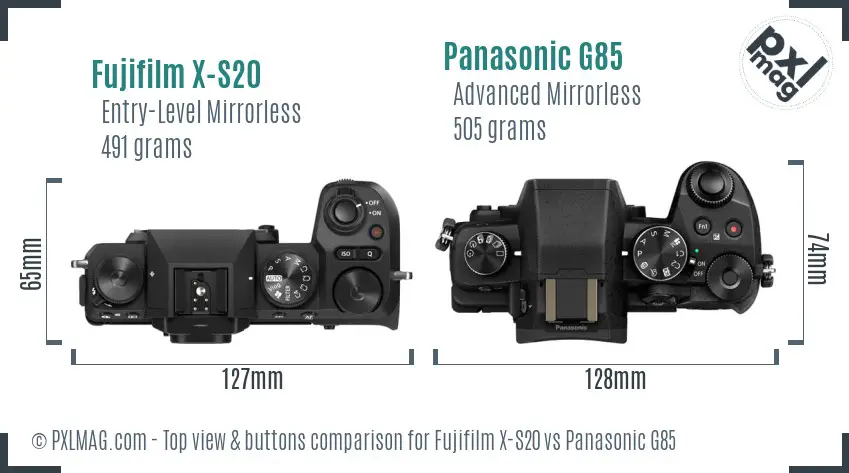 Fujifilm X-S20 vs Panasonic G85 top view buttons comparison