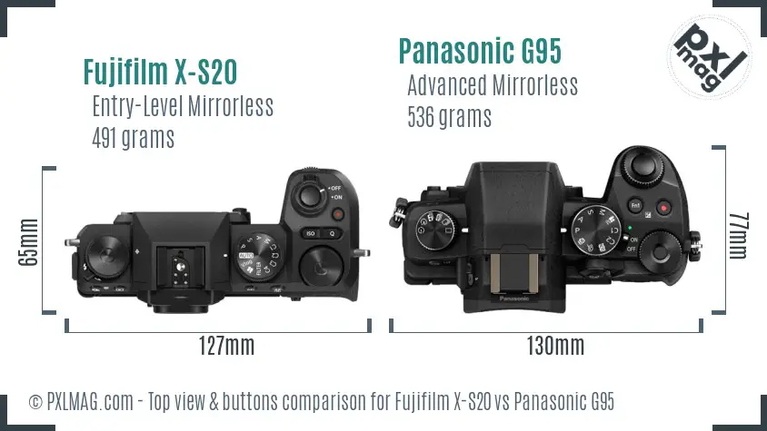 Fujifilm X-S20 vs Panasonic G95 top view buttons comparison