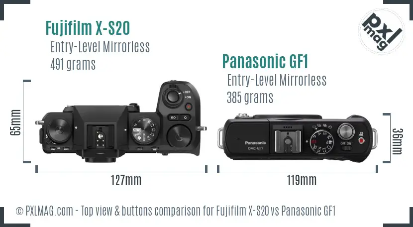 Fujifilm X-S20 vs Panasonic GF1 top view buttons comparison