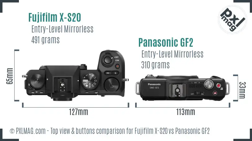Fujifilm X-S20 vs Panasonic GF2 top view buttons comparison