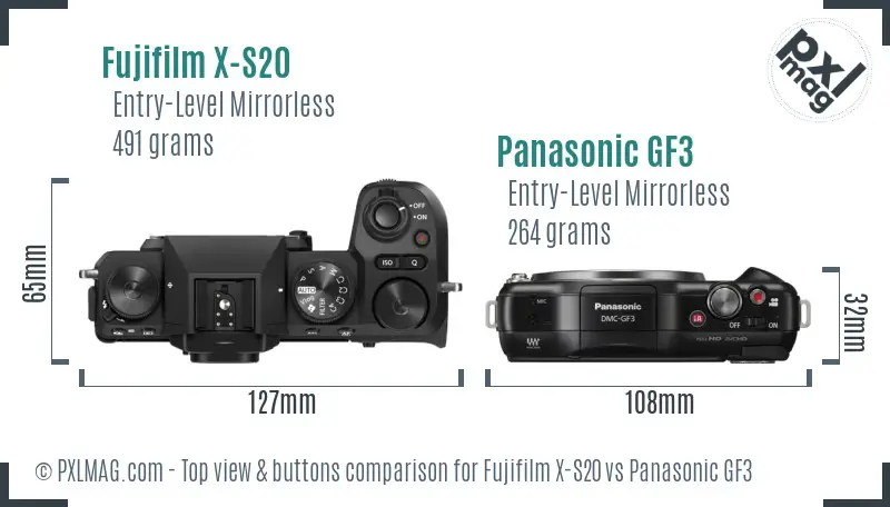 Fujifilm X-S20 vs Panasonic GF3 top view buttons comparison