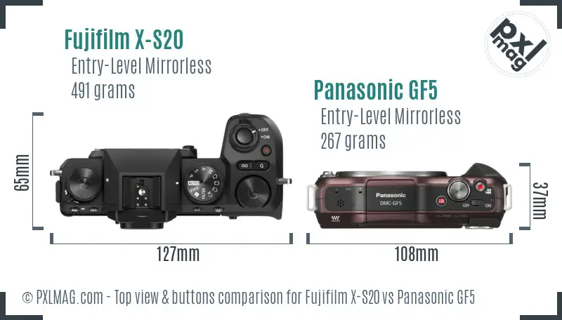 Fujifilm X-S20 vs Panasonic GF5 top view buttons comparison