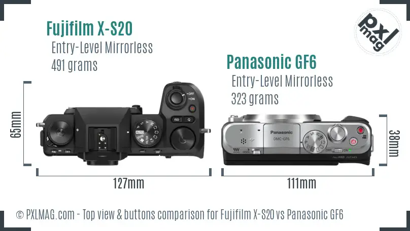 Fujifilm X-S20 vs Panasonic GF6 top view buttons comparison