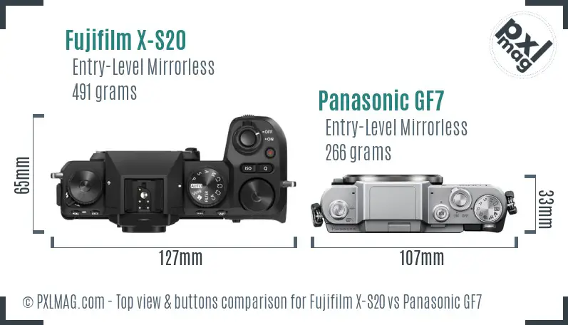 Fujifilm X-S20 vs Panasonic GF7 top view buttons comparison