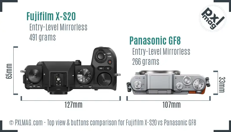 Fujifilm X-S20 vs Panasonic GF8 top view buttons comparison